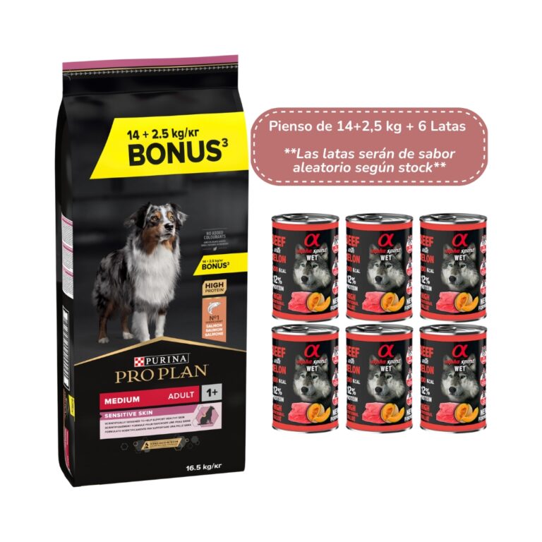 PRO PLAN Medium Adult Sensitive Skin (16,5 kg + 6 Latas de Regalo) - Pienso Seco para Perros Adultos de Raza Mediana con Salmón