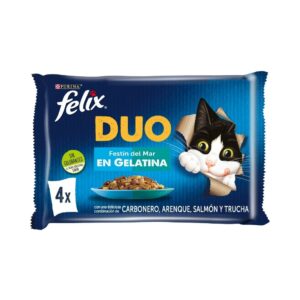 FELIX - Duo Gelatina (4x85 gr) - Comida Húmeda Festín del Mar (Carbonero y Salmón, Arenque y Trucha, Salmón y Sardina, Trucha y Caballa) (2 Formatos)