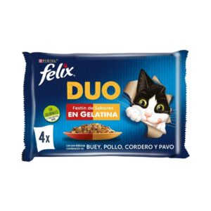 FELIX - Duo Gelatina (4x85 gr) - Comida Húmeda Festín de Sabores (Buey y Aves, Pollo y Riñón, Cordero y Buey, Pavo e Hígado) (2 Formatos)