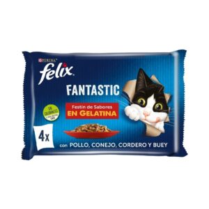 FELIX - Fantastic Gelatina (4x85 gr) - Comida Húmeda Festín de Sabores en Gelatina (Buey, Pollo, Conejo y Cordero) (2 Formatos)