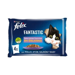 FELIX - Fantastic Gelatina (4x85 gr) - Comida Húmeda Selecciones Favoritas (Pollo, Salmón, Atún y Buey) (2 Formatos)