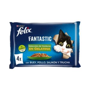 FELIX - Fantastic Gelatina (4x85 gr) - Comida Húmeda Selección de Verduras (Buey y Zanahoria, Pollo y Tomate, Trucha y Judías, Salmón y Calabacín) (2 Formatos)