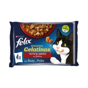 FELIX - Sensations Gelatina (4x85 gr) - Comida Húmeda Festín de Sabores (Buey y Pollo) (2 Formatos)