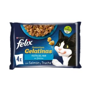 FELIX - Sensations Gelatina (4x85 gr) - Comida Húmeda Festín del Mar (Salmón y Trucha) (2 Formatos)