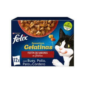 FELIX - Sensations Gelatina (12x85 gr) - Comida Húmeda Festín de Sabores (Buey, Pollo, Pato y Cordero) (2 Formatos)