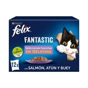 FELIX - Fantastic Gelatina (12x85 gr) - Comida Húmeda Selecciones Favoritas (Pollo, Salmón, Atún y Buey) (2 Formatos)