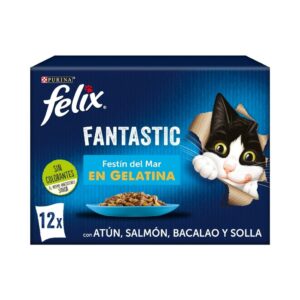 FELIX - Fantastic Gelatina (12x85 gr) - Comida Húmeda Festín del Mar (Atún, Salmón, Bacalao y Solla) (2 Formatos)
