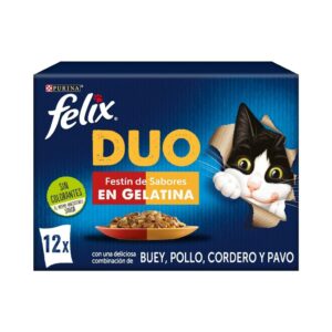 FELIX - Duo Gelatina (12x85 gr) - Comida Húmeda Festín de Sabores (Buey y Aves, Pollo y Riñón, Cordero y Buey, Pavo e Hígado) (2 Formatos)