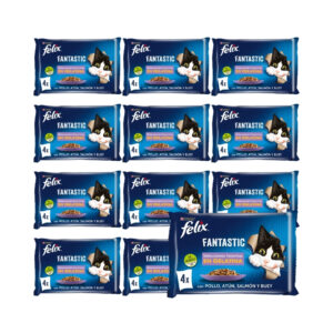 FELIX - Fantastic Gelatina (48x85 gr) - Comida Húmeda Selecciones Favoritas (Pollo, Salmón, Atún y Buey) (12x4x85 gr)