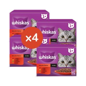 WHISKAS - Selección Clásicos en Salsa (48x85 gr) - Comida Húmeda para Gatos Adultos (+1) en Multipack (4 Cajas de 12 Unidades)