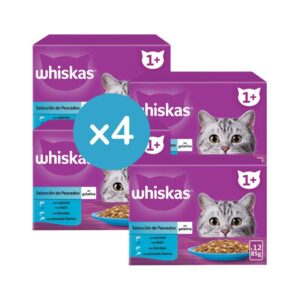 WHISKAS - Selección de Pescados en Gelatina (48x85 gr) - Comida Húmeda para Gatos Adultos (+1) en Multipack (4 Cajas de 12 Unidades)