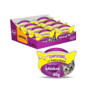 WHISKAS - Temptations (8x60 gr) - Snacks para para Gatos sabor Pollo y Queso