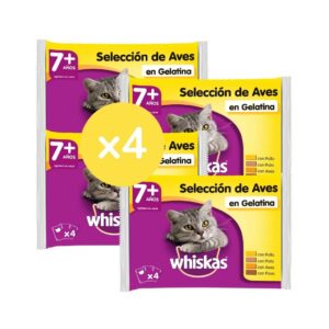 WHISKAS - Selección Aves en Gelatina Multipack (16x100gr) - Comida Húmeda para Gatos Senior (+7 años) (4 Paquetes de 4x100gr)