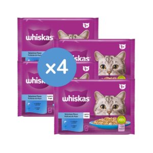 WHISKAS - Selección Pescados en Gelatina (16x85gr) - Comida Húmeda para Gatos Adultos (1+) (4 Paquetes de 4x85gr)