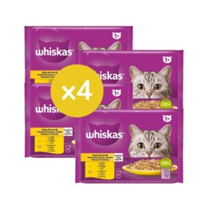 WHISKAS - Selección Aves en Gelatina (16x85gr) - Comida Húmeda para Gatos Adultos (1+) (4 Paquetes de 4x85gr)
