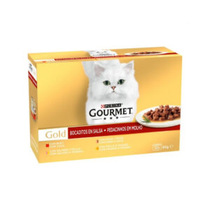 GOURMET - Gold (12x85 gr) - Bocaditos en salsa Multipack Surtido de Carnes y Pescado (Buey, Pavo y Pato, Salmón y Pollo, Pollo e Hígado) (2 Formatos)