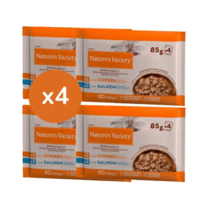 NATURE´S VARIETY - Bites in Gravy (4 Paquetes de 4x85 gr) - Alimento completo para Gatos de Bocaditos en salsa (Pollo y Salmón)