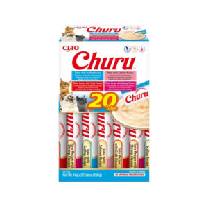 CHURU - Variedad de Mariscos y Atún (20x14 gr) - Caja de Snacks para Gatos (Atún con Vieira, Atún con Salmón, Atún con sabor Cangrejo y Atún con sabor a Gamba)