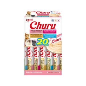 CHURU - Variedad de Mariscos (20x14 gr) - Caja de Snacks para Gatos (Atún con Salmón, Atún con sabor a Gamba, Atún y virutas de Bonito y Atún con sabor a Marisco)