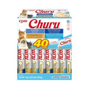 CHURU - Variedad de Atún (40x14 gr) - Caja de Snacks para Gatos (Atún, Atún con Ternera, Atún con Virutas de Bonito y Atún con sabor a Marisco)
