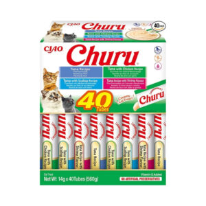 CHURU - Variedad de Atún y Marisco (40x14 gr) - Caja de Snacks para Gatos (Atún, Atún con Pollo, Atún con Vieira y Atún con sabor a Gamba)