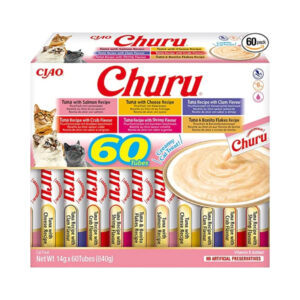 CHURU - Variedad de Atún (60x14 gr) - Caja de Snacks para Gatos (Atún con Salmón, Atún con Queso, Atún con sabor a Almeja, Atún con sabor a Cangrejo, Atún con sabor a Gamba y Atún con virutas de Bonito)