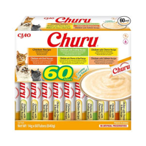 CHURU - Variedad de Pollo (60x14 gr) - Caja de Snacks para Gatos (Pollo, Pollo con Vieira, Pollo con Queso, Pollo con Ternera, Pollo con Queso y Ternera y Pollo con Salmón)