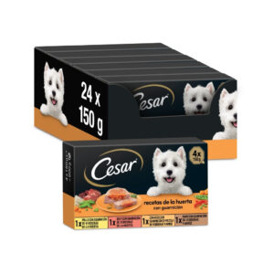CESAR - Recetas de la Huerta con Guarnición (24x150 gr) - Comida Húmeda Completa para Perros en Paté y Gelatina (Pollo, Buey, Aves y Pavo) Multipack (6x4x150 gr)
