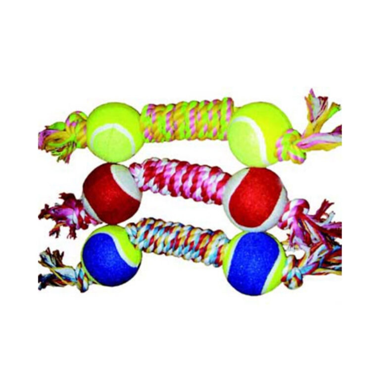 RIBECAN - Mordedor Cuerda con 2 Pelotas para Perros (220 gr) **3 COLORES SEGUN STOCK**