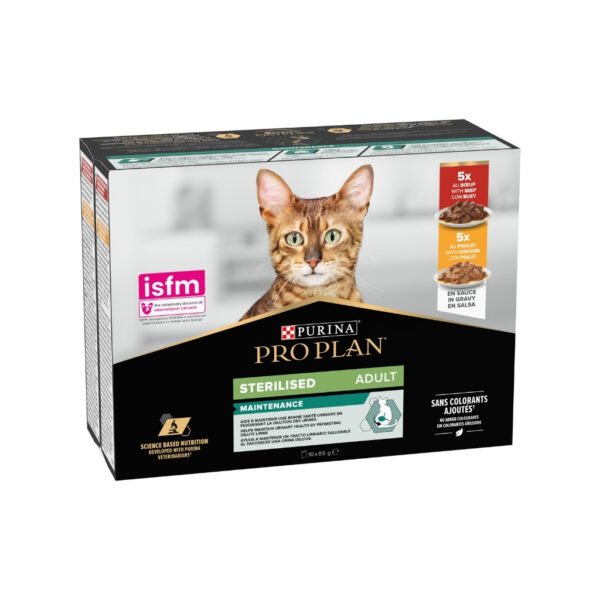 PRO PLAN - Sterilised Maintenance Adult Sobres (10x85 gr) - Alimento Húmedo Completo para Gatos Adultos Esterilizados (Pollo y Buey en Salsa)