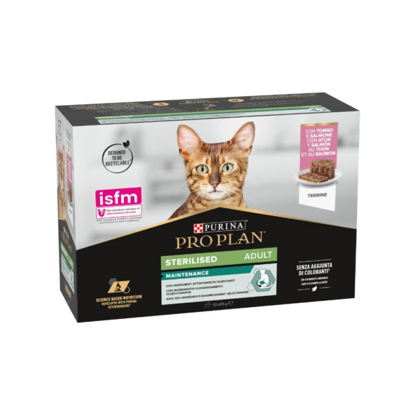 PRO PLAN - Sterilised Maintenance Adult Latas (12x85 gr) - Alimento Húmedo Completo para Gatos Adultos Esterilizados (Atún y Salmón)