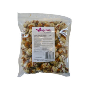 PAPILLON - Huesos anudados con tira de color rojo 7½ cm con pollo retorcido (1 kg)