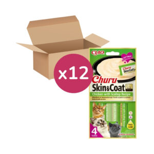 CHURU - Skin & Coat - Receta De Pollo con Vieira (12x4x15 gr) - Tubos de Snacks para Gatos especial para Cuidar la Piel y el Pelaje
