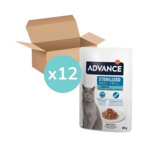 ADVANCE - Bocaditos en Salsa (12x85 gr) - Comida húmeda para Gatos Adultos Esterilizados (1-10 Años) (Bacalao)