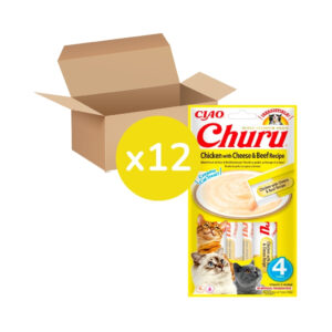 CHURU - Receta De Pollo, Queso y Ternera (12x4x14 gr) - Tubos de Snacks para Gatos