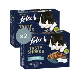 FELIX - Tasty Shreds (24x80 gr) - Comida Húmeda Festín del Mar (Salmón y Atún) (2 Cajas de 12x80 gr)
