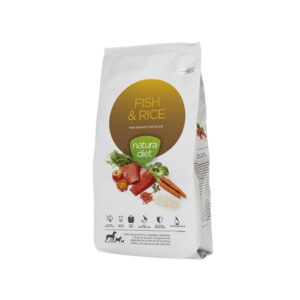 NATURA DIET - Fish & Rice - Pienso Seco (+ 1 ó 2 Latas) para Perros Adultos de Todas las Razas (Salmón y Arroz)