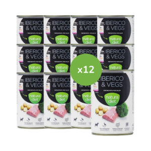 NATURA DIET - Ibérico & Vegs (12x400 gr) - Alimento Húmedo Sin Cereales para Perros Adultos de Todas las Razas (Cerdo y Verduras)