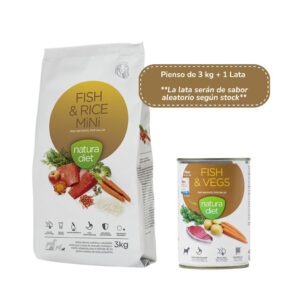 NATURA DIET - Fish & Rice Mini (3 kg + 1 Lata) - Pienso Seco para Perros Adultos de Raza Pequeña (Salmón y Arroz)