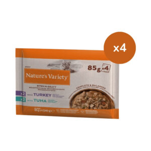 NATURE´S VARIETY - Bites in Gravy (4 Paquetes de 4x85 gr) - Alimento completo para Gatos de Bocaditos en salsa (Pavo y Atún)