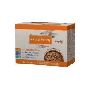 NATURE´S VARIETY - Bites in Gravy (12x85 gr) - Alimento completo para Gatos de Bocaditos en salsa Multipack (Pollo, Salmon, Pavo y Atun)
