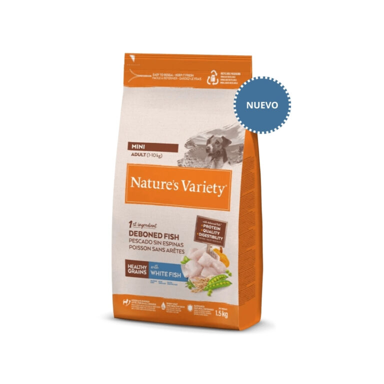 NATURE´S VARIETY - Healthy Grains (Adult Mini White Fish) - Pienso Seco de Pescado Blanco para Perros Adultos (+12 Meses) de Raza Pequeña (1-10 kg)