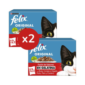 FELIX - Original Gelatina (24x85 gr) - Comida Húmeda Festín de Sabores (Buey, Pollo, Conejo e Hígado, Pato y Cordero) (2 Cajas de 12x85 gr)
