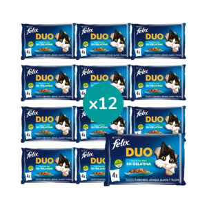 FELIX - Duo Gelatina (48x85 gr) - Comida Húmeda Festín del Mar (Carbonero y Salmón, Arenque y Trucha, Salmón y Sardina, Trucha y Caballa) (12x4x85 gr)