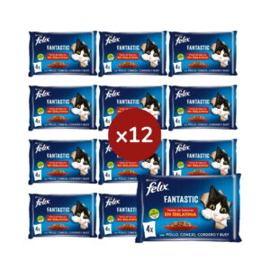 FELIX - Fantastic Gelatina (48x85 gr) - Comida Húmeda Festín de Sabores en Gelatina (Buey, Pollo, Conejo y Cordero) (12x4x85 gr)