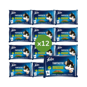FELIX - Fantastic Gelatina (48x85 gr) - Comida Húmeda Selección de Verduras (Buey y Zanahoria, Pollo y Tomate, Trucha y Judías, Salmón y Calabacín) (12x4x85 gr)