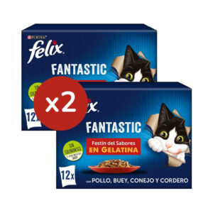FELIX - Fantastic Gelatina (24x85 gr) - Comida Húmeda Festín de Sabores en Gelatina (Buey, Pollo, Conejo y Cordero) (2 Cajas de 12x85 gr)
