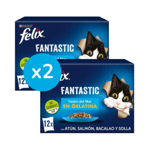 FELIX - Fantastic Gelatina (24x85 gr) - Comida Húmeda Festín del Mar (Atún, Salmón, Bacalao y Solla) (2 Cajas de 12x85 gr)