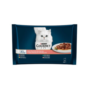 GOURMET - Perle (4x85 gr) - Comida Húmeda Finas Láminas en Salsa (Buey, Pollo, Conejo, Salmón) (2 Formatos)