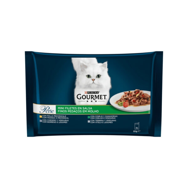 GOURMET - Perle (4x85 gr) - Comida Húmeda Finas Láminas con Verduras (Pollo, Conejo, Cordero y Ternera) (2 Formatos)